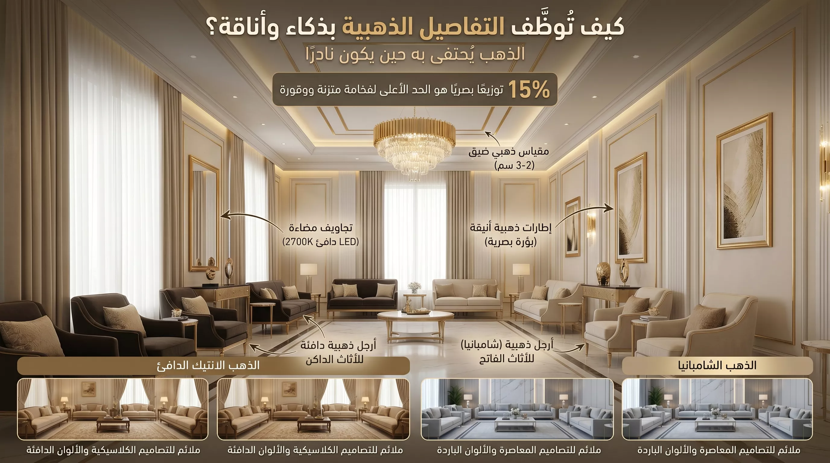 A luxurious visual guide explaining the use of gold details in a Saudi VIP majlis for receiving pilgrims, highlighting gold in the ceiling, furniture, mirrors and architectural lighting.